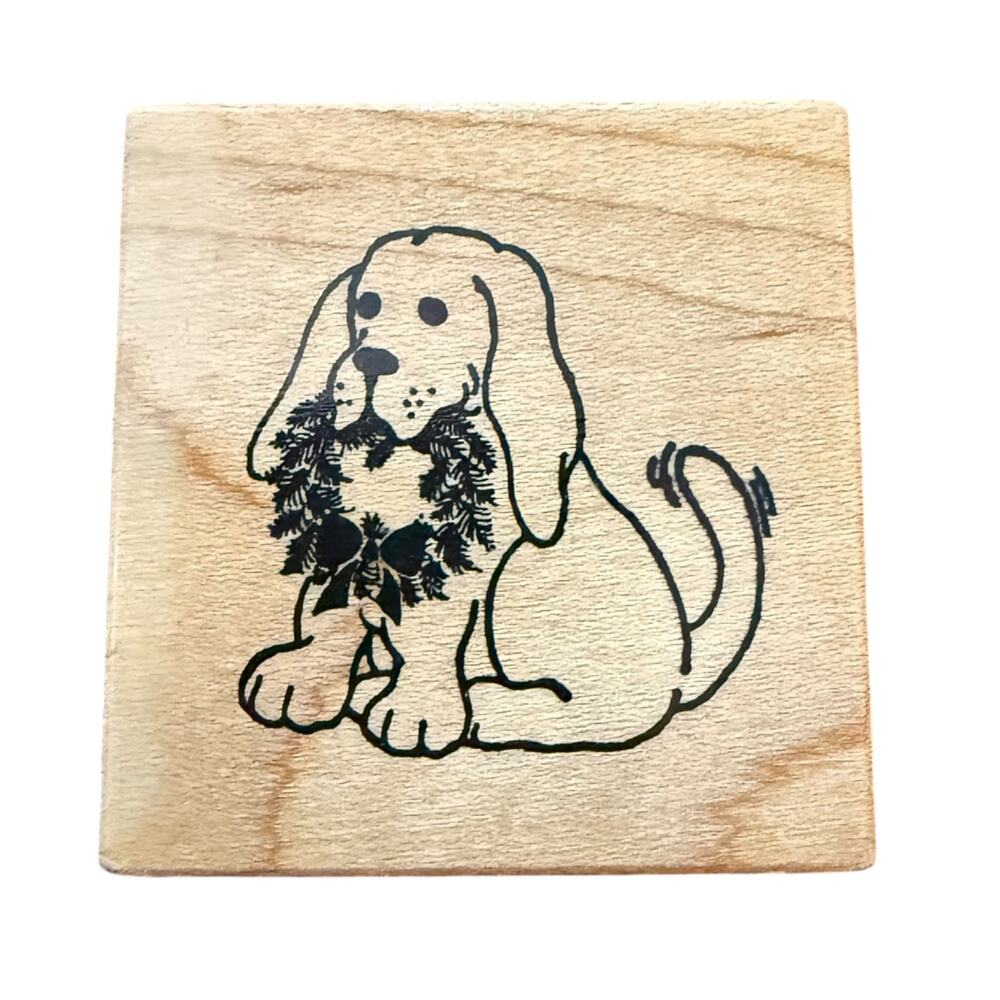 PSX Vintage 1988 Dog Holding Christmas Wreath C354 Rubber Stamp